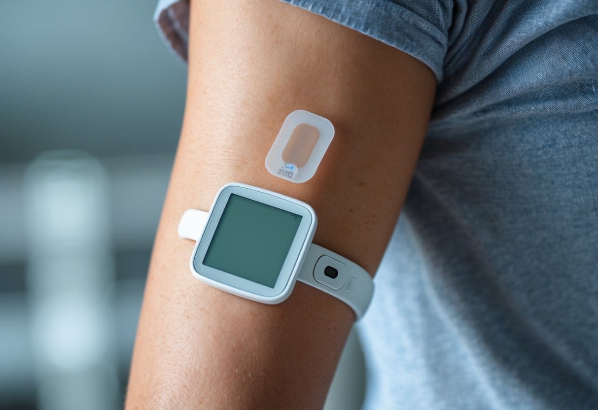 Close-up of a person's upper arm with a continuous glucose monitor sensor attached.