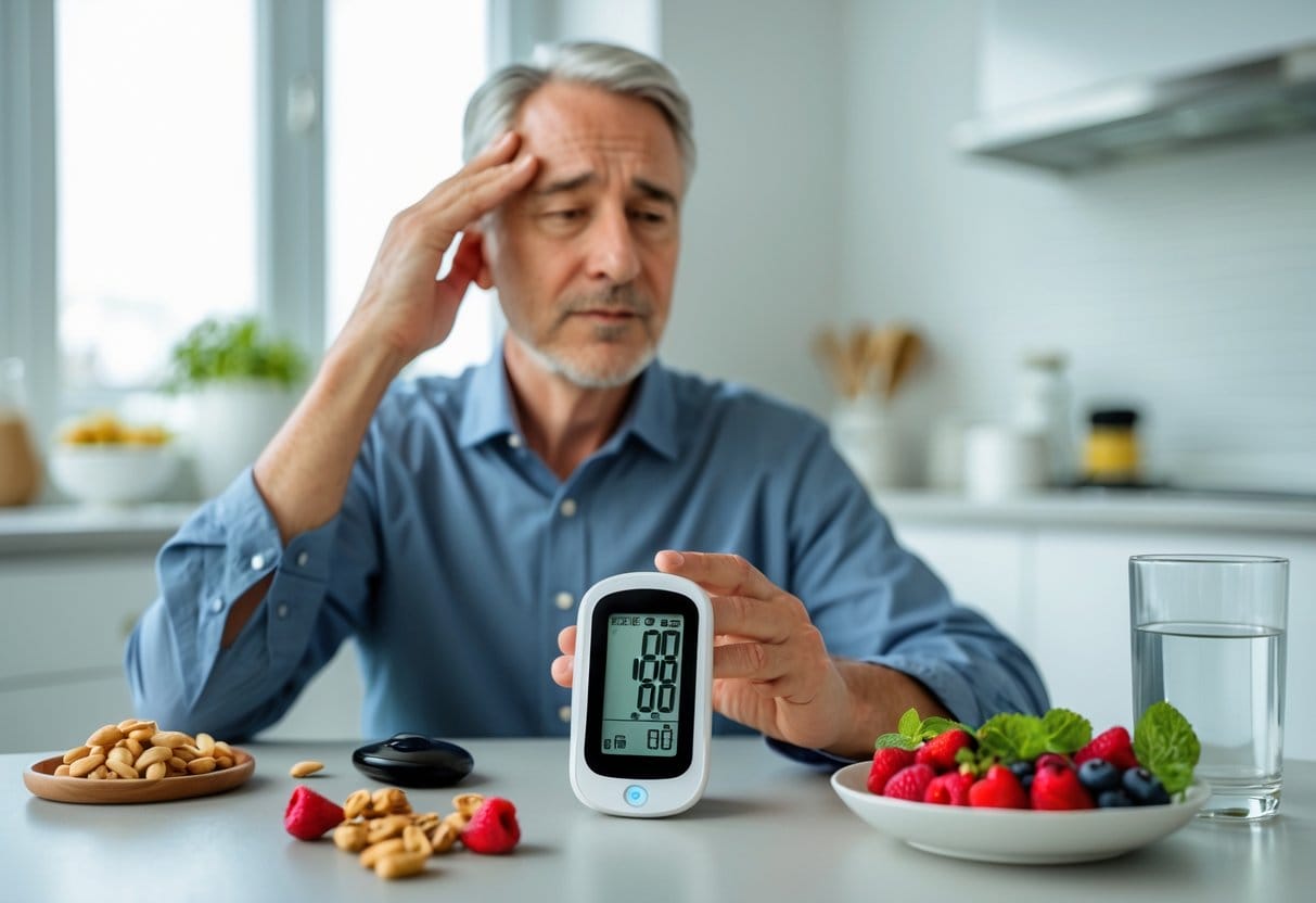 A middle-aged person sitting at a kitchen table looking at a glucose monitor, with a glass of water and healthy snacks nearby.