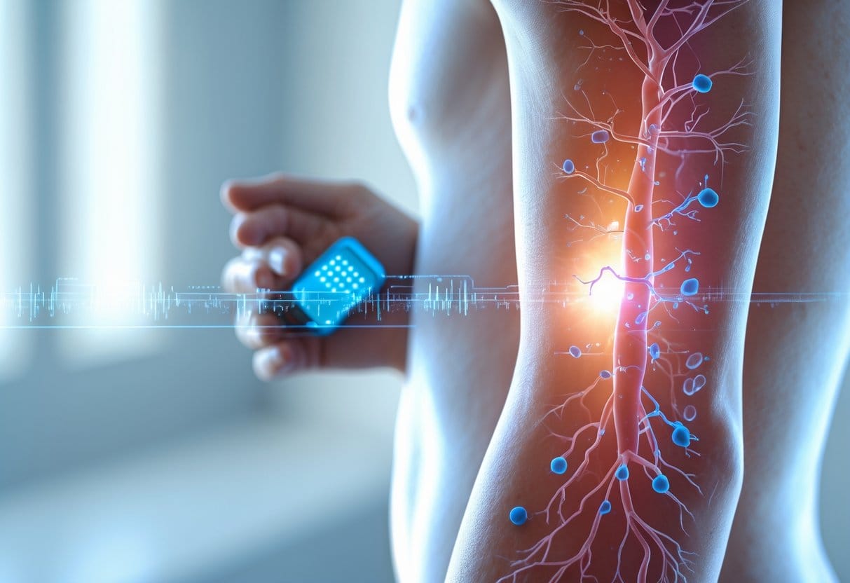 Close-up of a person's arm with a small glucose monitor attached, showing blood vessels and glucose molecules inside the arm.