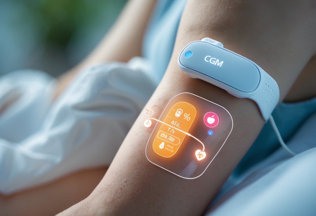 Close-up of a person's upper arm with a continuous glucose monitor sensor attached, showing the device on the skin.