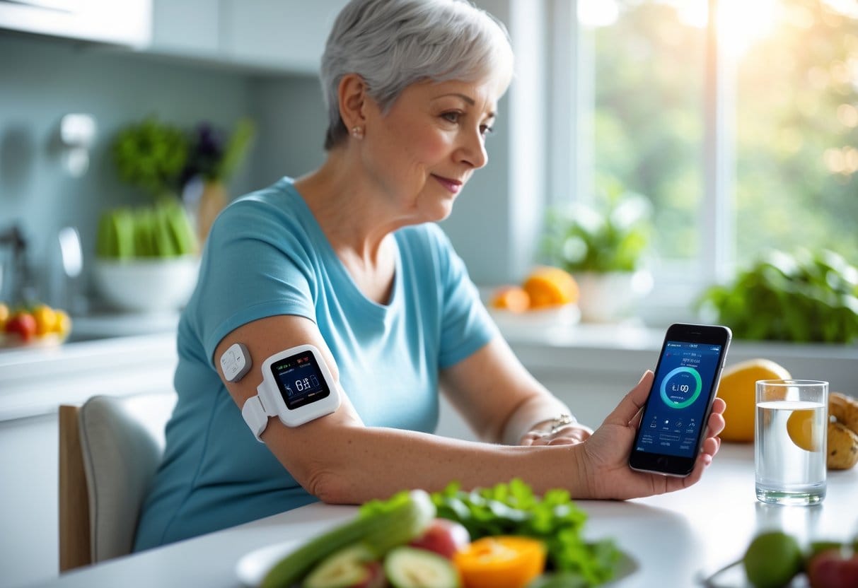 A person wearing a continuous glucose monitor on their arm looks at a smartphone while sitting at a kitchen table with healthy foods.