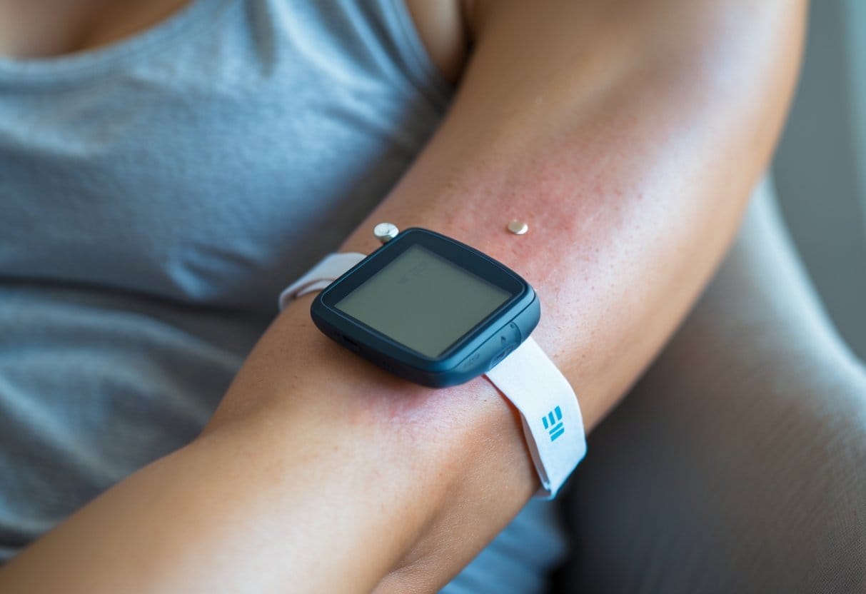 Close-up of a person's upper arm with a continuous glucose monitor sensor attached, showing slight redness around the device.