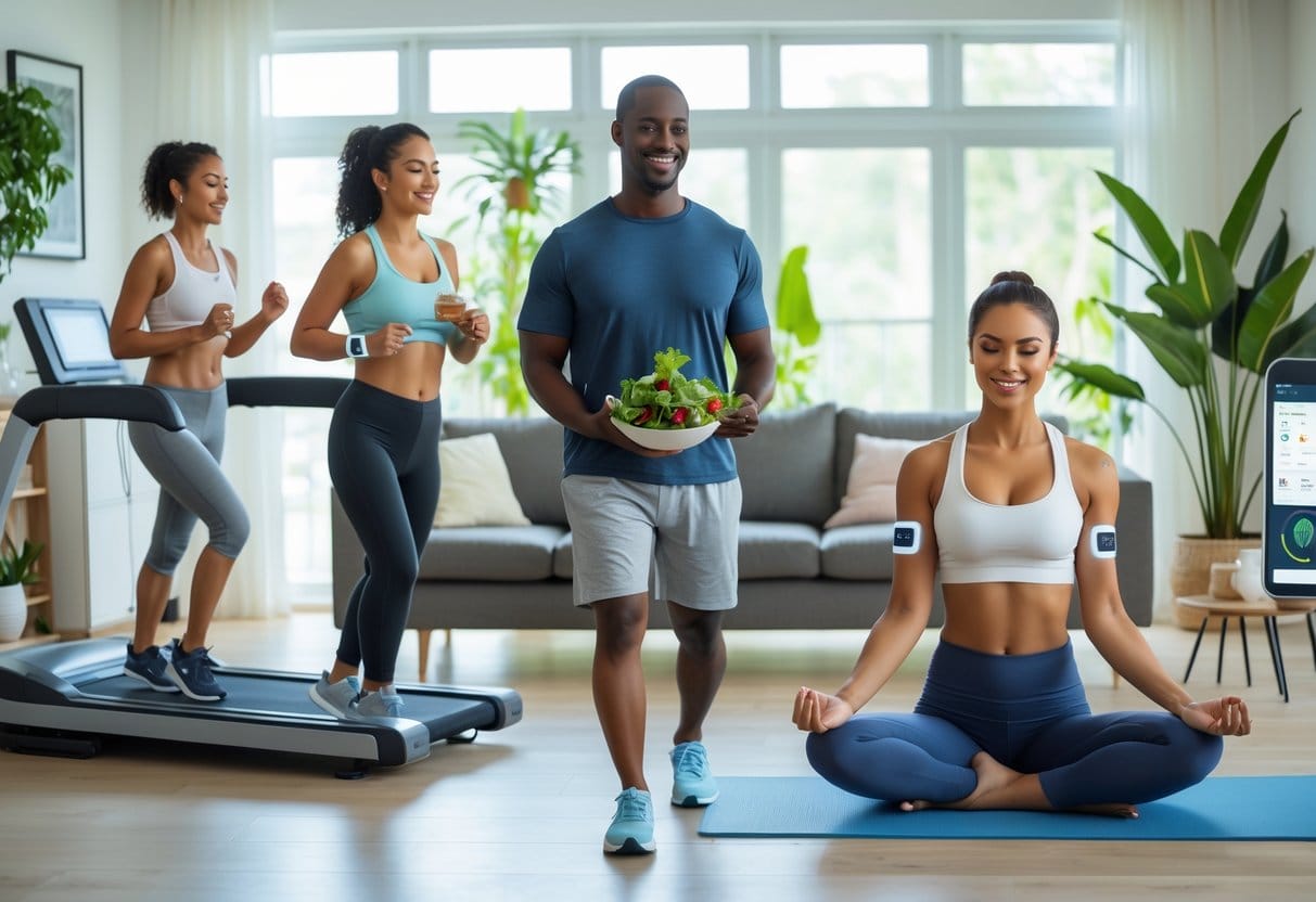 People wearing continuous glucose monitors engaging in healthy activities like jogging, cooking, and meditating in a bright living room.