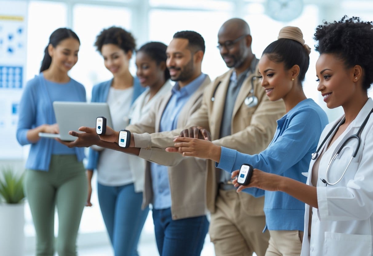 A diverse group of people wearing continuous glucose monitors on their arms in a bright medical setting, engaging in everyday activities.