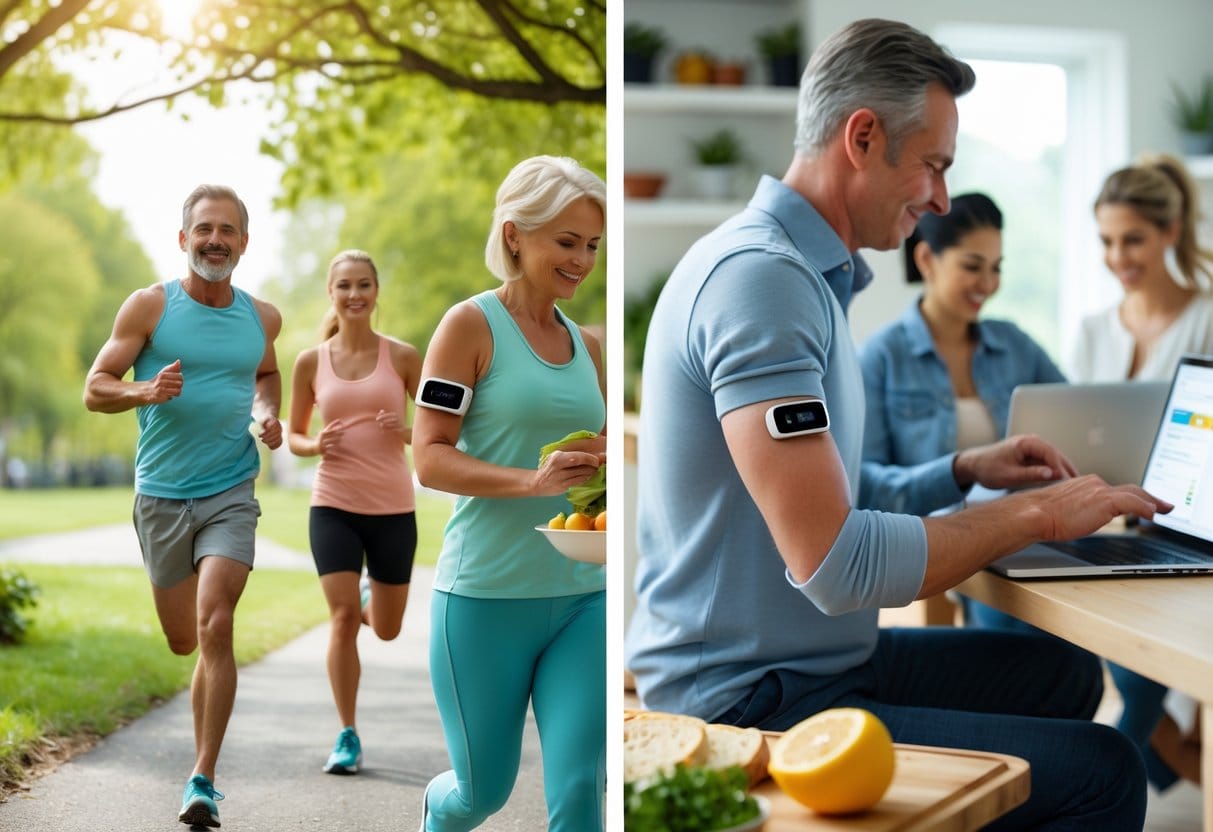 Three adults wearing continuous glucose monitors while jogging, cooking, and working at home.