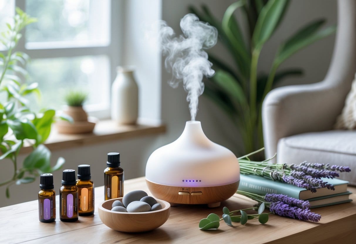 A cozy indoor scene with essential oil bottles, a diffuser releasing mist, fresh herbs, and wellness items arranged on a wooden table near a window.