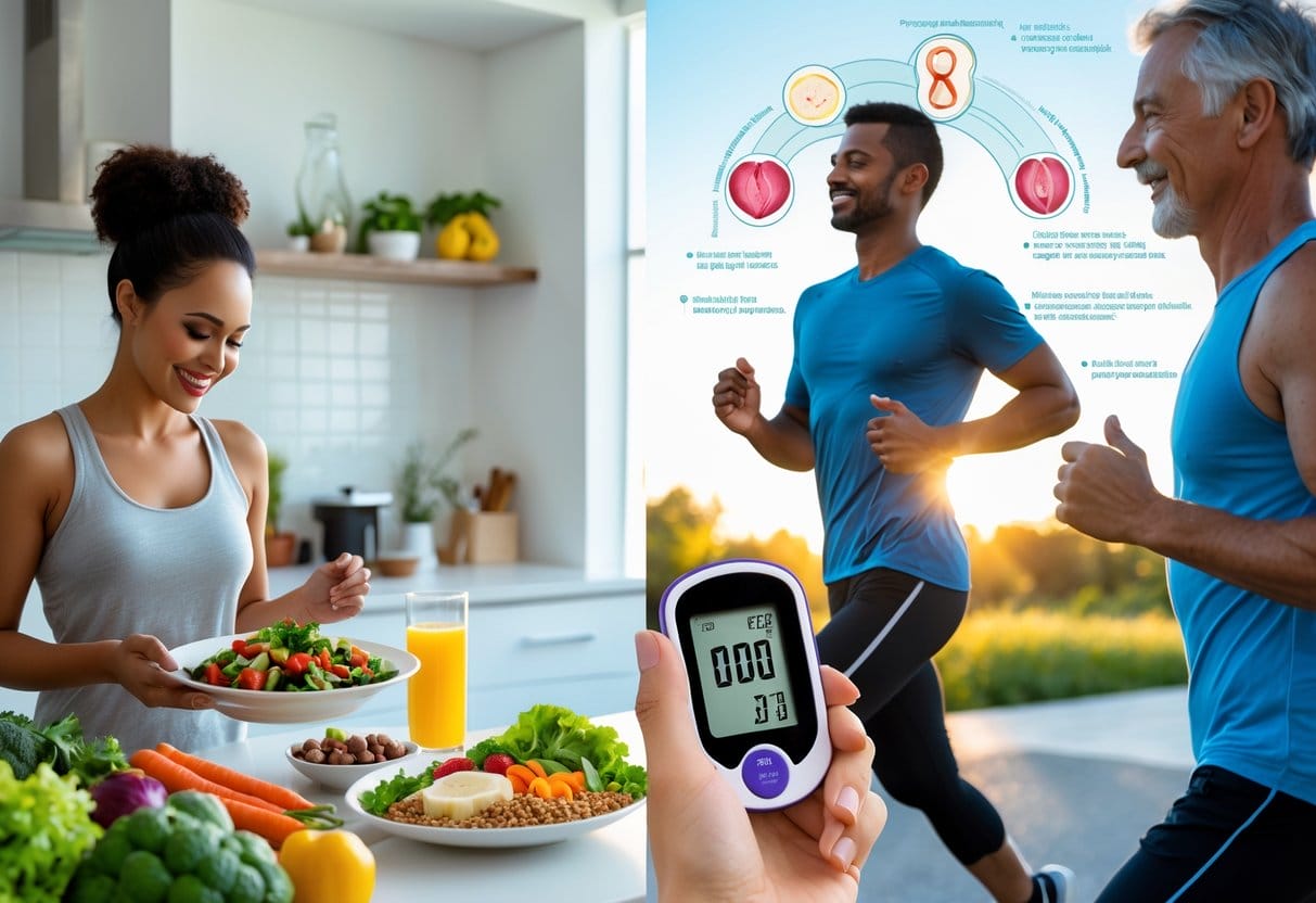 A diverse group of adults preparing healthy food, exercising outdoors, and checking blood sugar levels, with a transparent human silhouette showing internal organs.