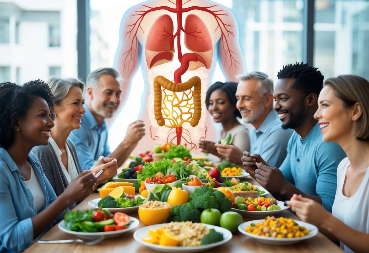 A group of adults enjoying a healthy meal with fresh fruits and vegetables, with a faint anatomical illustration of the human torso highlighting organs related to blood sugar regulation in the background.