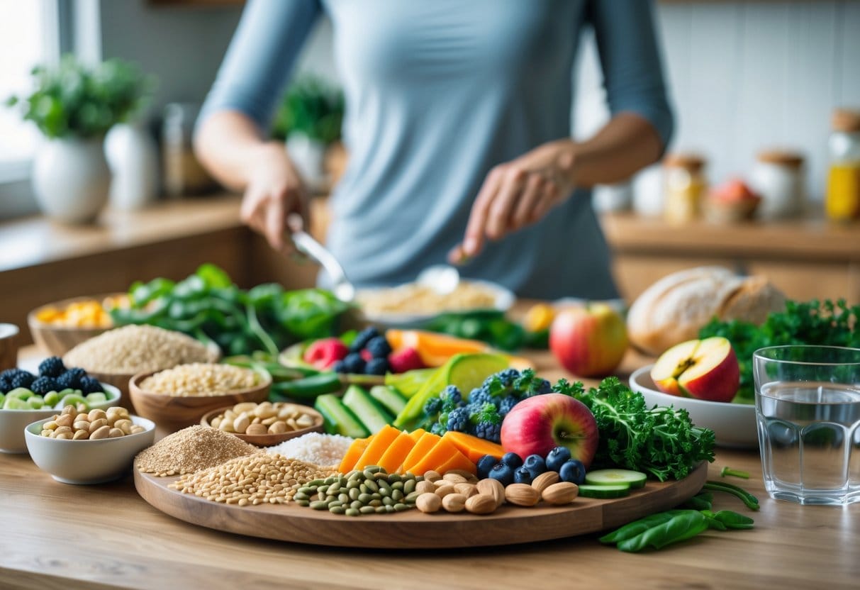 A person preparing a balanced meal with fresh fruits, vegetables, whole grains, and lean proteins on a kitchen table.