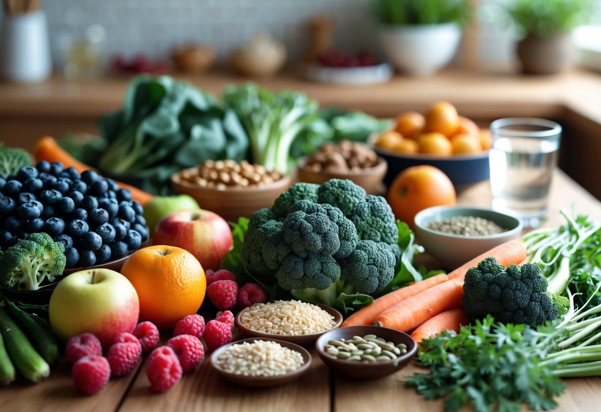 A table displaying a variety of fresh fruits, vegetables, whole grains, nuts, and a glass of water, representing foods that help balance blood sugar.