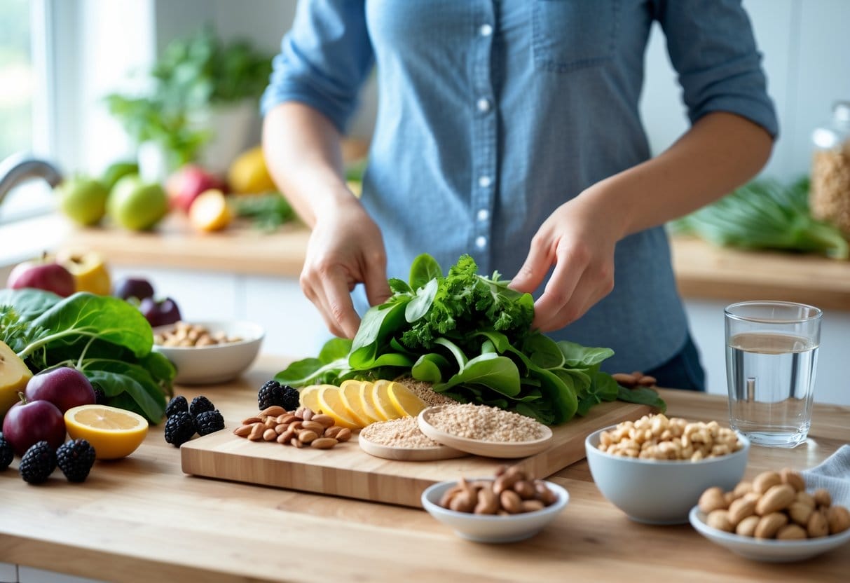 Hands preparing a healthy meal with fresh fruits, vegetables, and nuts on a kitchen countertop.