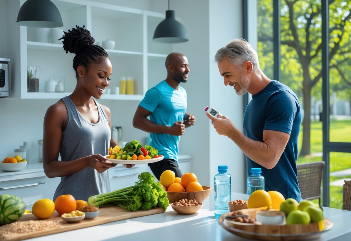 People preparing healthy food, exercising outdoors, and checking blood sugar to maintain balanced blood sugar levels.