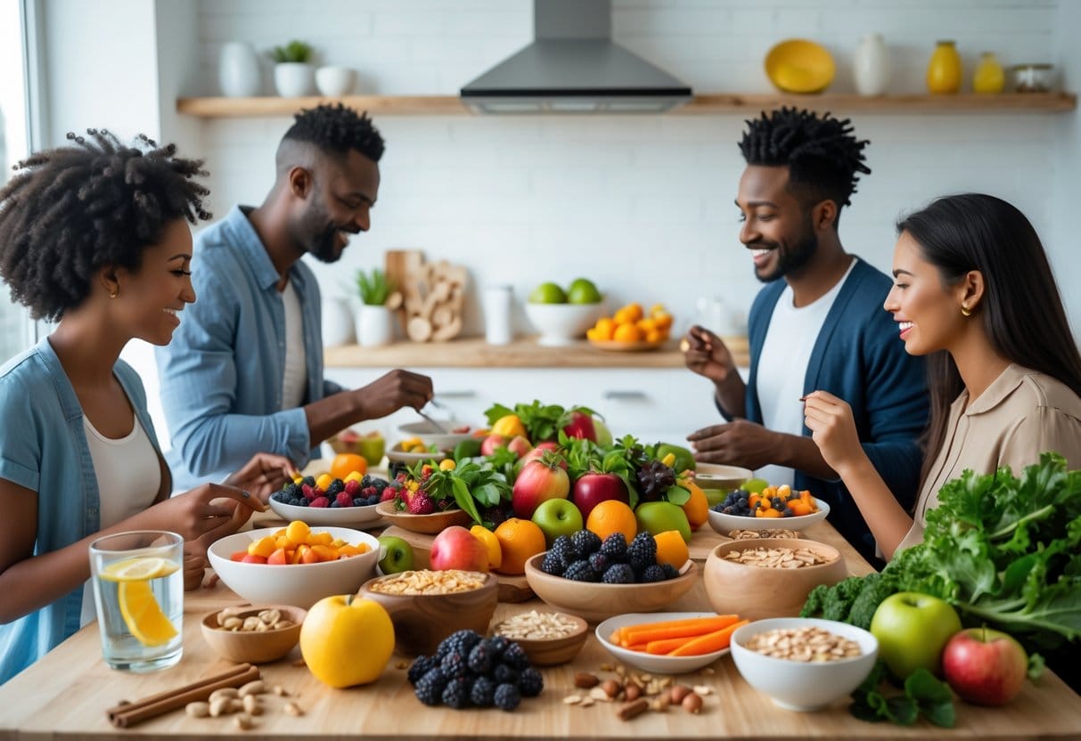 People preparing and enjoying a healthy meal with fresh fruits, vegetables, and natural supplements in a bright kitchen.
