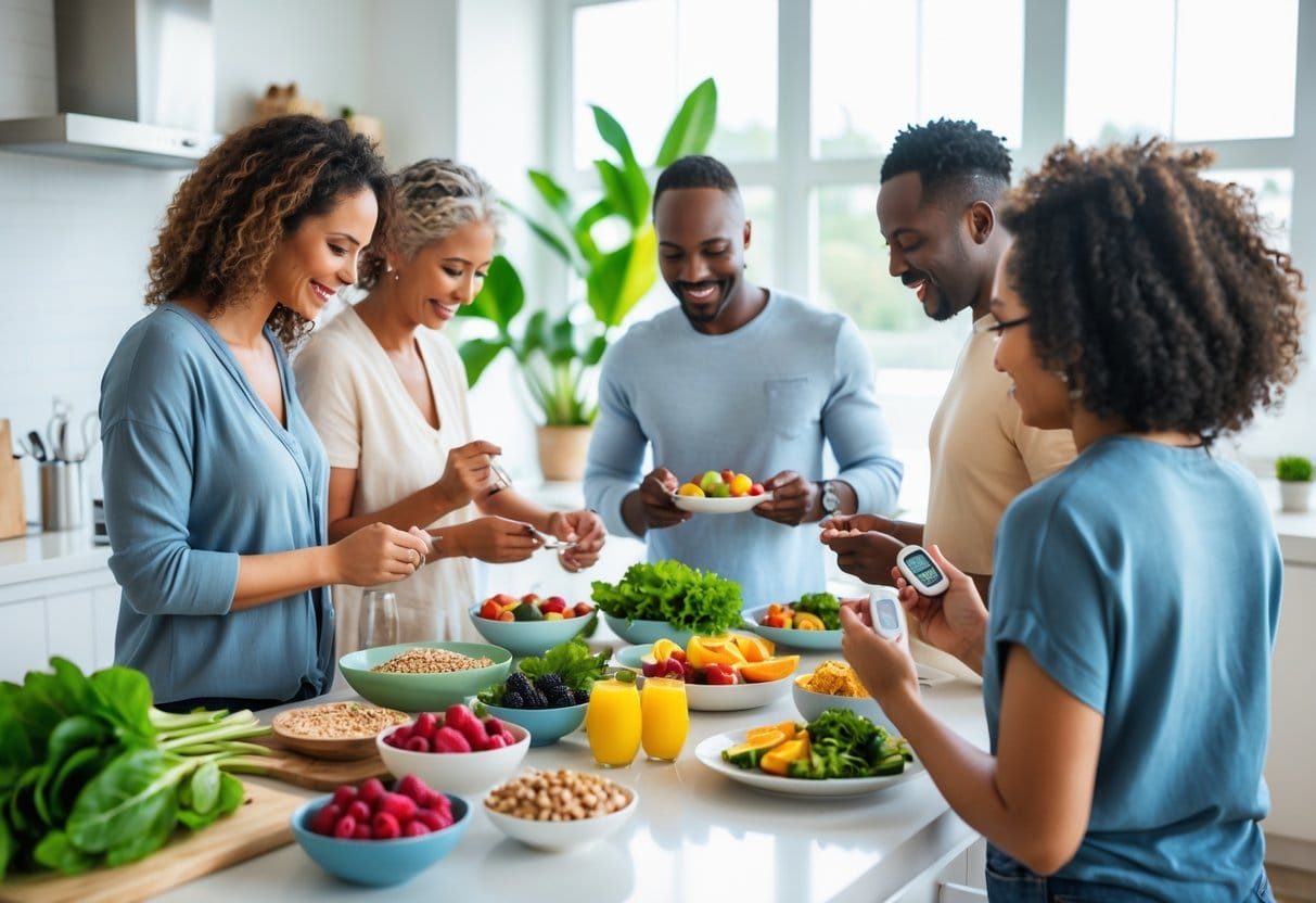 People preparing a healthy balanced meal in a bright kitchen with fresh fruits and vegetables, one person measuring blood sugar with a glucometer.
