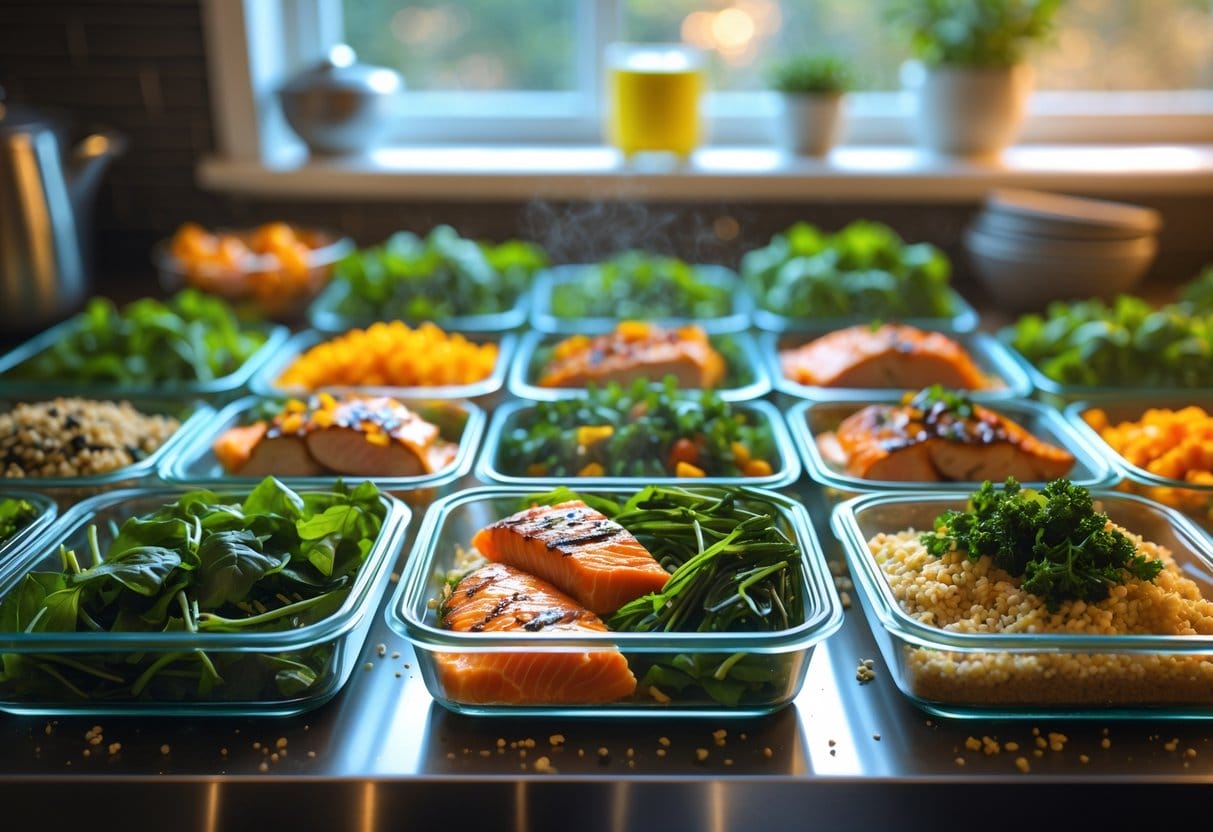 A kitchen countertop with neatly arranged glass containers filled with fresh vegetables, grilled chicken, salmon, quinoa, and brown rice prepared for a 7-day insulin resistance meal plan.