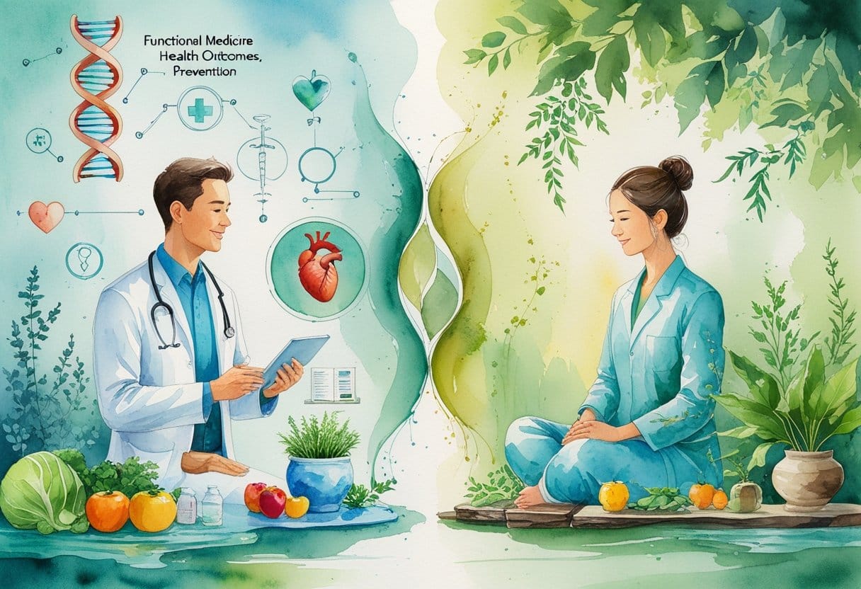 A peaceful scene showing a doctor with a patient on one side and a traditional healer with natural elements on the other, connected by a gentle blend of colors representing health and wellness.