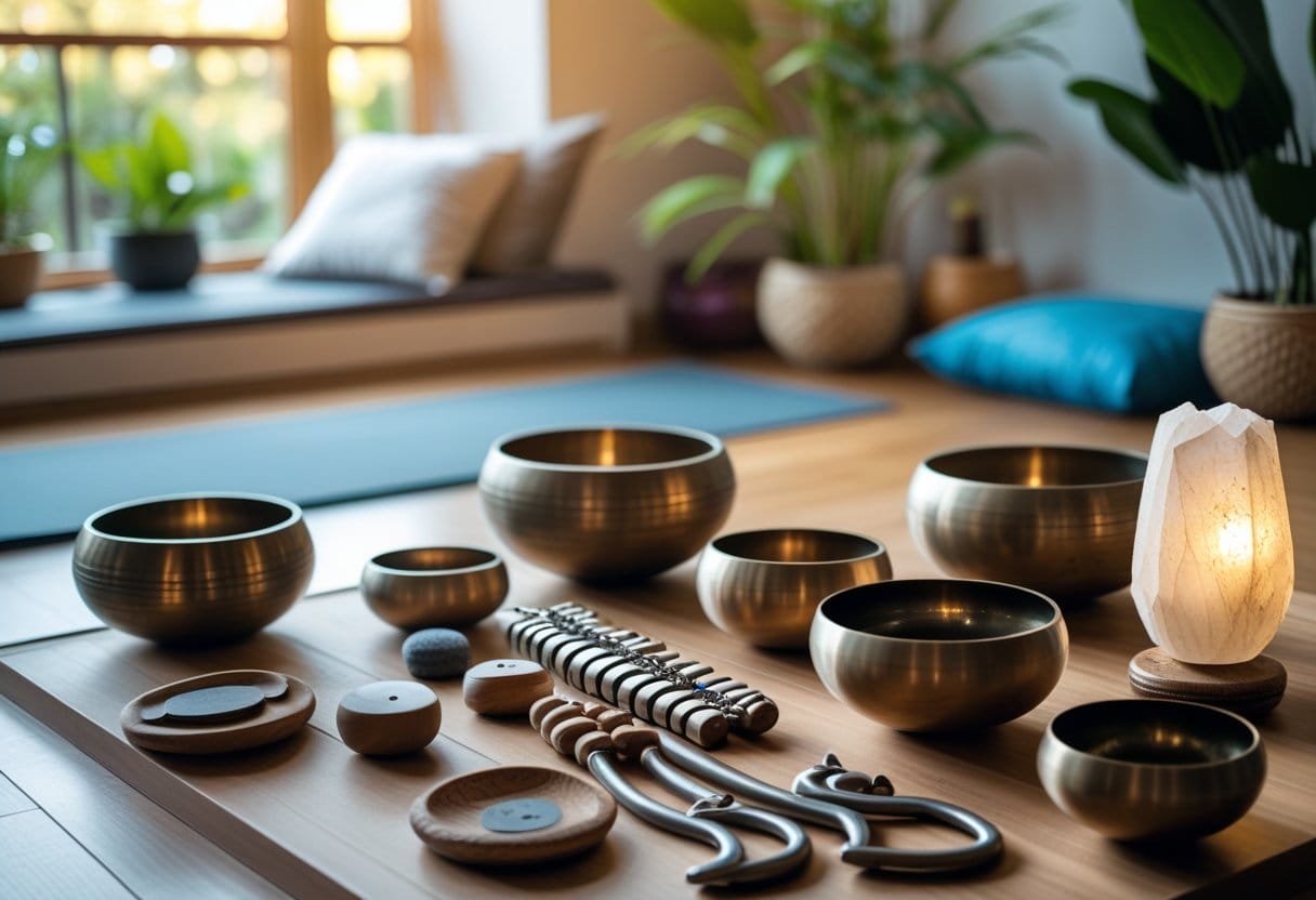 Close-up of sound healing instruments like singing bowls and tuning forks arranged on a wooden surface with a peaceful room setting in the background.