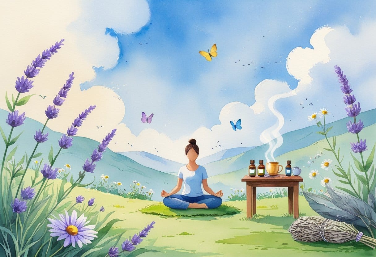 v2-11wnzf-3z6f9 - Preventive Medicine Daily A person meditating outdoors surrounded by lavender and chamomile plants, with a table holding essential oils and herbal tea in a peaceful natural setting.