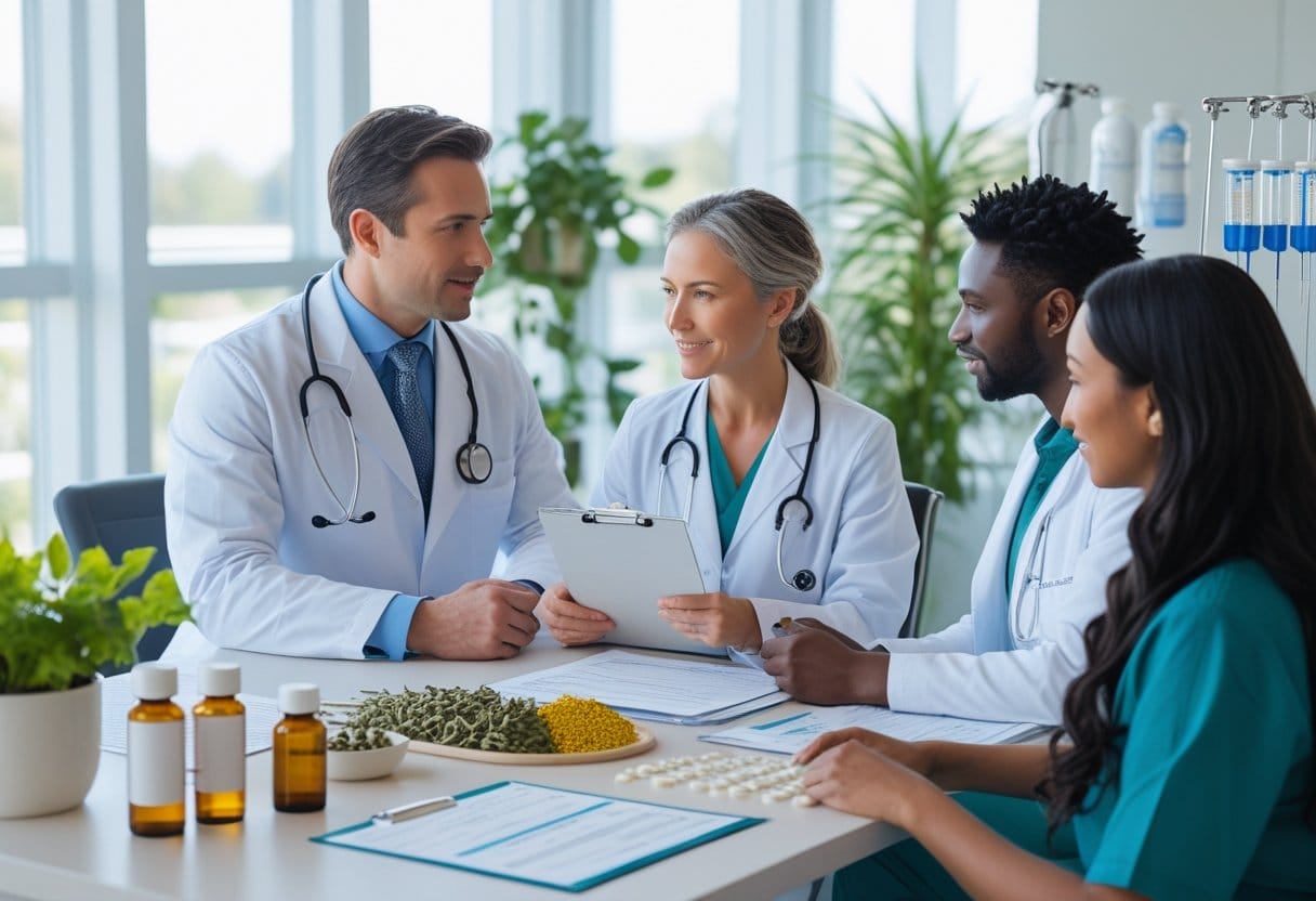 A doctor and an alternative medicine practitioner talk with a patient in a medical office surrounded by healthcare tools and plants.