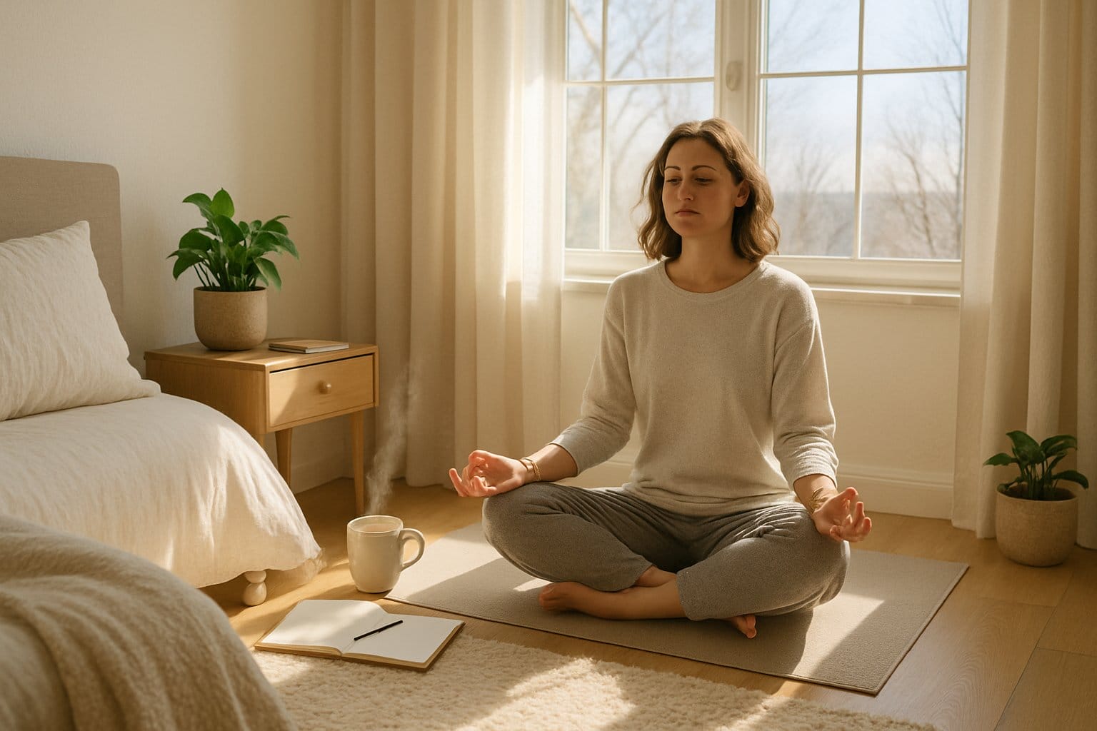 A person meditating on a yoga mat by a sunlit window in a tidy bedroom with plants, a journal, and a cup of tea.