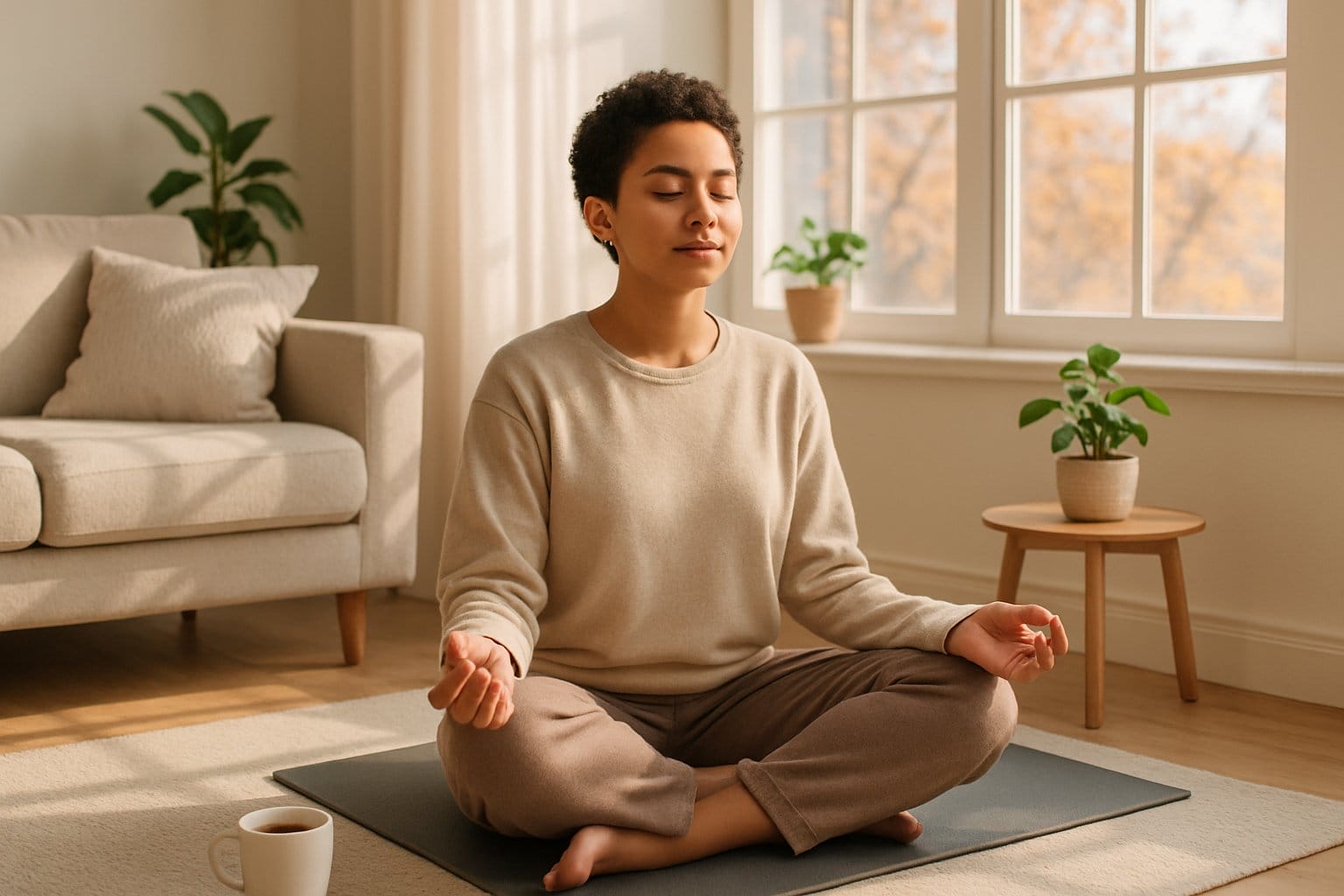 A person meditating on a yoga mat in a sunlit living room with plants and a window showing autumn trees.