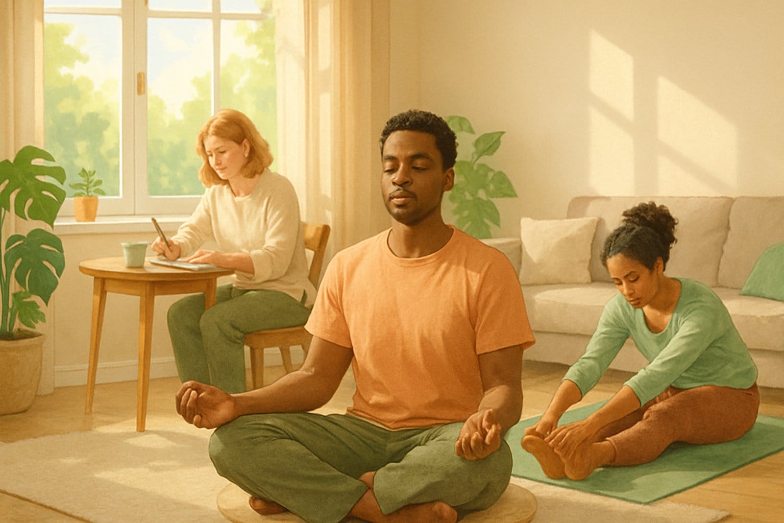 People practicing mindful morning activities like deep breathing, journaling, and stretching in a sunlit living room.