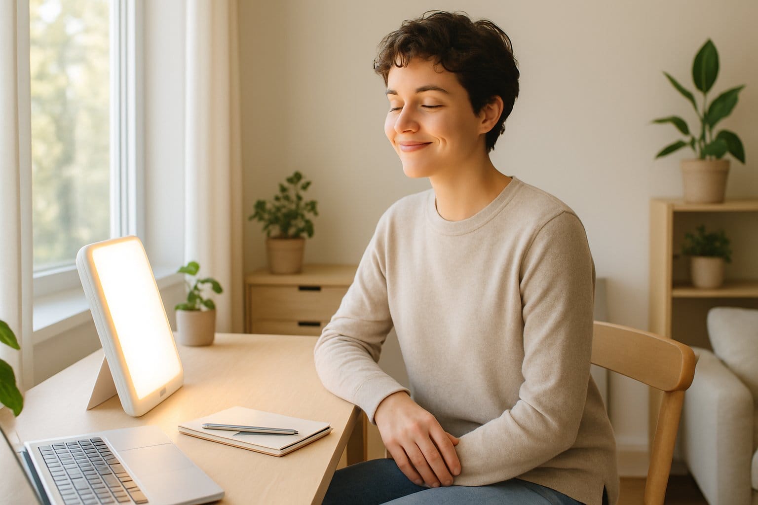 A person sitting near a window using a light therapy lamp in a bright, cozy room during morning.