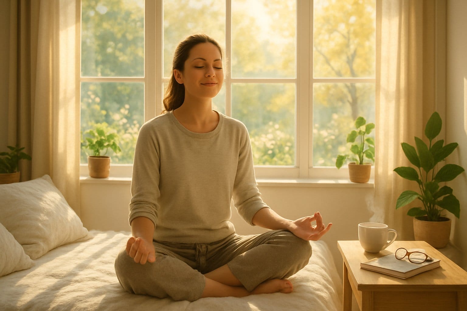 A woman meditating peacefully on a bed in a sunlit bedroom with plants and a cup of tea nearby.