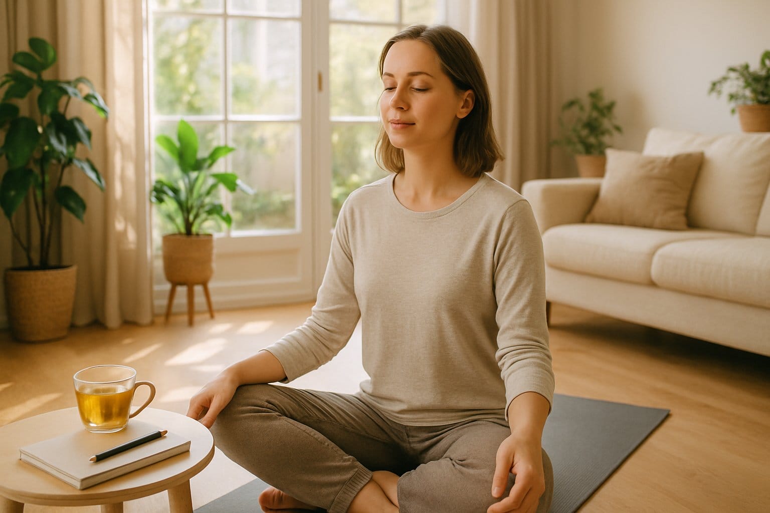 A calm woman sitting cross-legged on a yoga mat near a sunlit window, meditating with a cup of tea and a journal nearby in a cozy living room.
