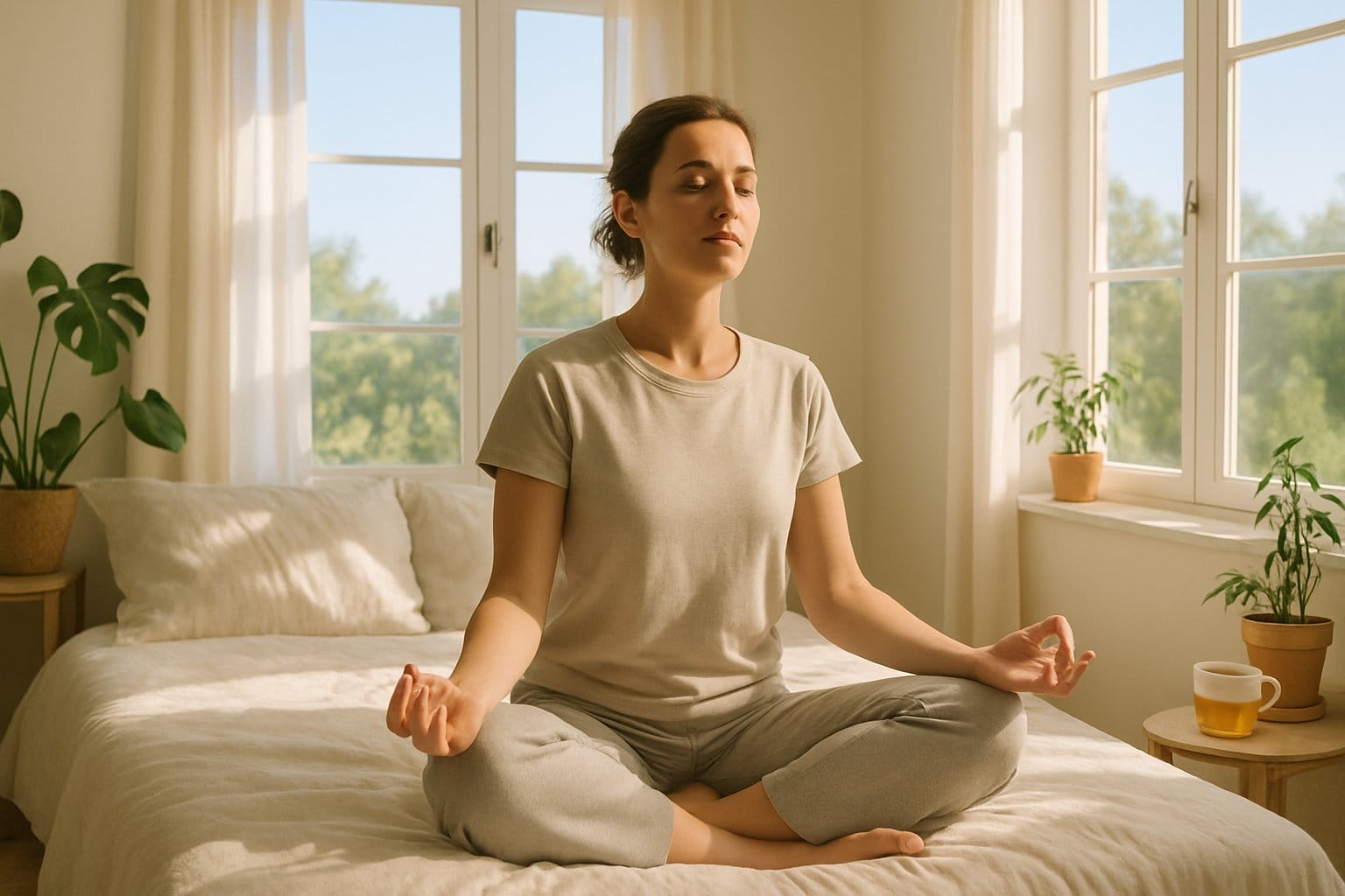 A person sitting cross-legged in a bright bedroom, meditating peacefully in the morning light.